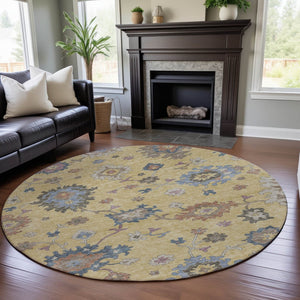 HomeRoots 8' Elegant Floral Washable Round Rug in Gold, Blue & Ivory - UV Protected & Stain Resistant 688483
