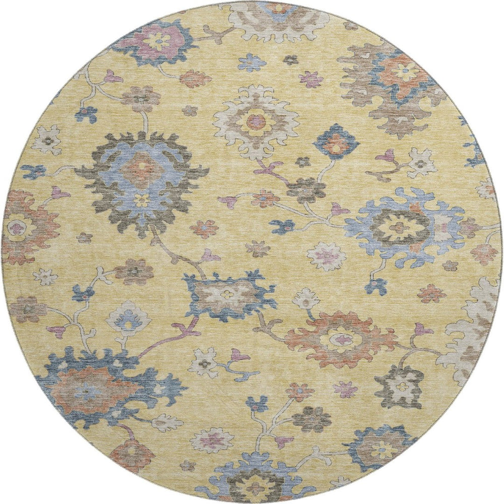 HomeRoots 8' Elegant Floral Washable Round Rug in Gold, Blue & Ivory - UV Protected & Stain Resistant 688483
