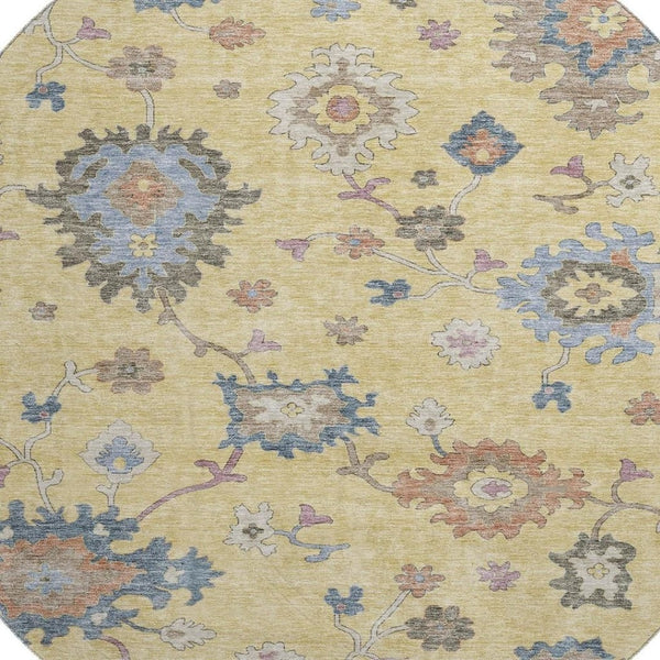 HomeRoots 8' Elegant Floral Washable Round Rug in Gold, Blue & Ivory - UV Protected & Stain Resistant 688483