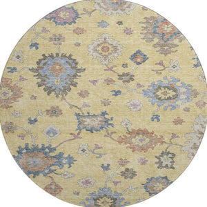 HomeRoots 8' Elegant Floral Washable Round Rug in Gold, Blue & Ivory - UV Protected & Stain Resistant 688483