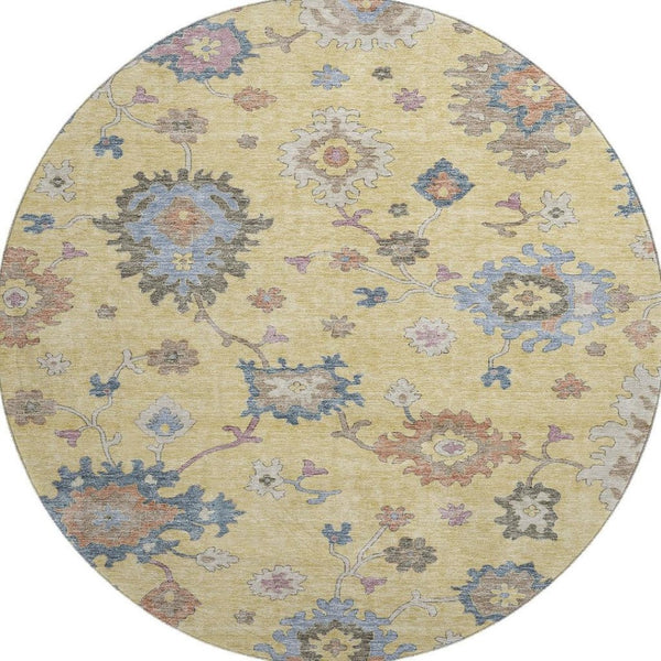 HomeRoots 8' Elegant Floral Washable Round Rug in Gold, Blue & Ivory - UV Protected & Stain Resistant 688483