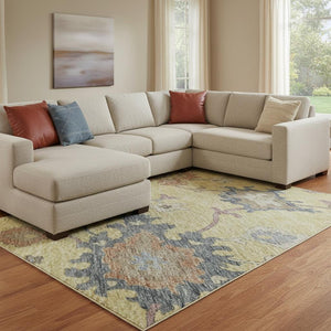 HomeRoots 8' X 10' Floral Area Rug in Gold, Blue & Ivory - Washable, Stain Resistant & UV Protected for Homes 688484