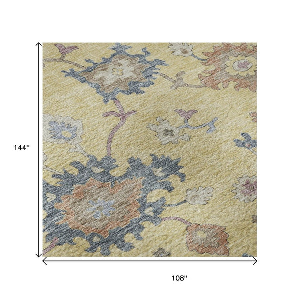 HomeRoots 9' X 12' Elegant Gold Blue Ivory Floral Washable Area Rug - Durable, Stain Resistant & UV Protected 688485