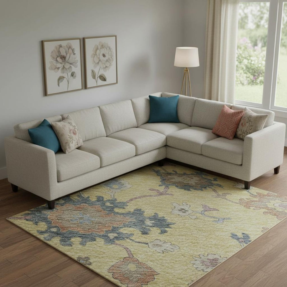 HomeRoots 9' X 12' Elegant Gold Blue Ivory Floral Washable Area Rug - Durable, Stain Resistant & UV Protected 688485