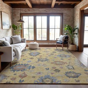 HomeRoots 10' X 14' Elegant Gold, Blue & Ivory Floral Washable Area Rug with UV Protection for Family Homes 688486
