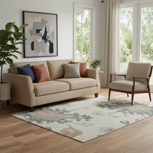 HomeRoots 5' X 8' Floral Washable Area Rug in Ivory, Blue & Coral - Durable, Stain-Resistant & UV-Guarded! 688488