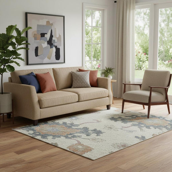 HomeRoots 5' X 8' Floral Washable Area Rug in Ivory, Blue & Coral - Durable, Stain-Resistant & UV-Guarded! 688488