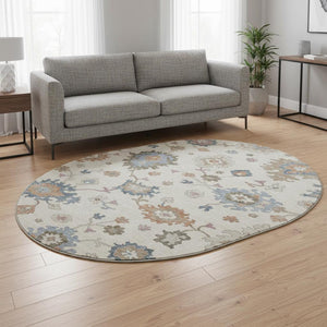 HomeRoots 8' Ivory Blue and Coral Floral Round Rug - Washable, UV-Protected, Stain-Resistant, Stylish Comfort! 688489