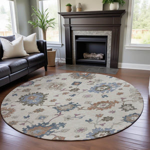 HomeRoots 8' Ivory Blue and Coral Floral Round Rug - Washable, UV-Protected, Stain-Resistant, Stylish Comfort! 688489