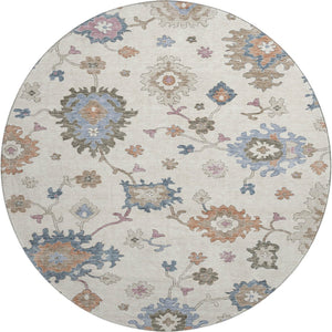HomeRoots 8' Ivory Blue and Coral Floral Round Rug - Washable, UV-Protected, Stain-Resistant, Stylish Comfort! 688489