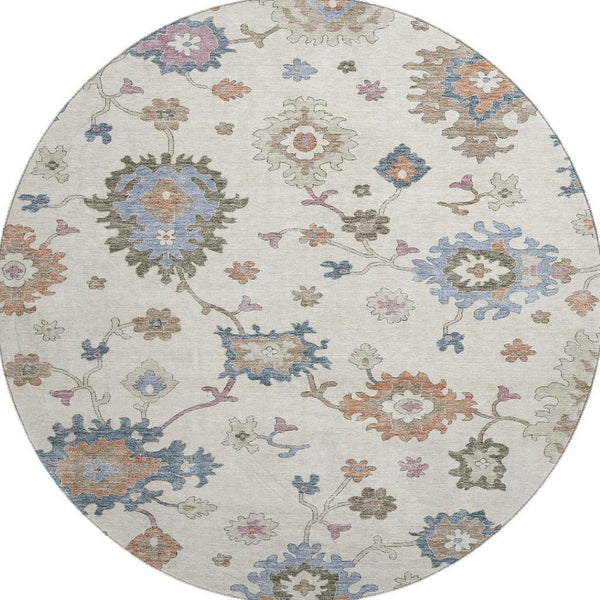 HomeRoots 8' Ivory Blue and Coral Floral Round Rug - Washable, UV-Protected, Stain-Resistant, Stylish Comfort! 688489