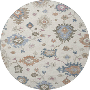 HomeRoots 8' Ivory Blue and Coral Floral Round Rug - Washable, UV-Protected, Stain-Resistant, Stylish Comfort! 688489