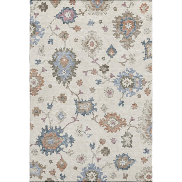 HomeRoots 9' X 12' Floral Area Rug in Ivory, Blue & Coral - Washable, UV-Protected, Stain-Resistant Design 688491