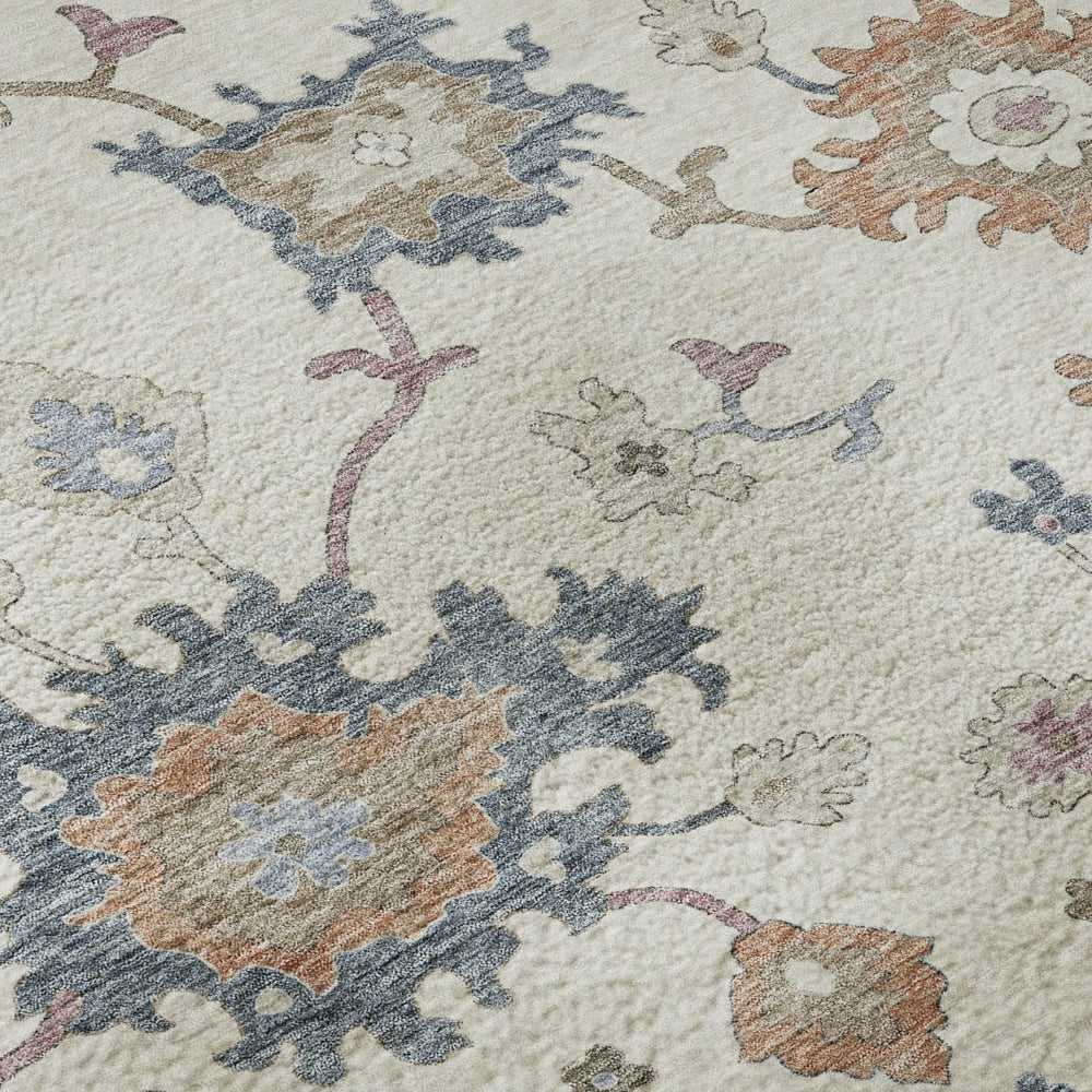 HomeRoots 9' X 12' Floral Area Rug in Ivory, Blue & Coral - Washable, UV-Protected, Stain-Resistant Design 688491