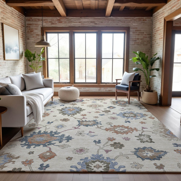 HomeRoots 10' X 14' Floral Area Rug in Ivory, Blue & Coral - Washable, UV-Protected, Perfect for Busy Homes! 688492