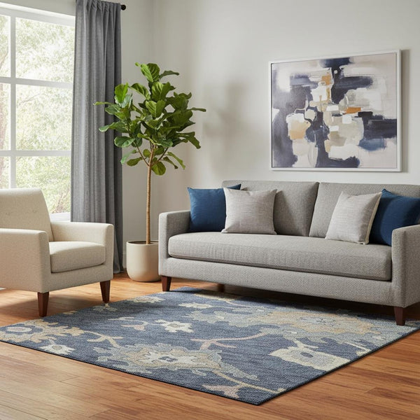 HomeRoots 5' Navy Blue Floral Area Rug with Copper Accents - Washable, UV Protected, Stain Resistant & Durable 688494