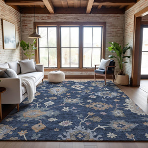 HomeRoots 5' Navy Blue Floral Area Rug with Copper Accents - Washable, UV Protected, Stain Resistant & Durable 688494
