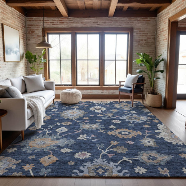 HomeRoots 5' Navy Blue Floral Area Rug with Copper Accents - Washable, UV Protected, Stain Resistant & Durable 688494