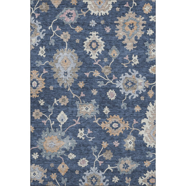 HomeRoots 5' Navy Blue Floral Area Rug with Copper Accents - Washable, UV Protected, Stain Resistant & Durable 688494