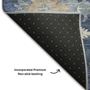 HomeRoots 5' Navy Blue Floral Area Rug with Copper Accents - Washable, UV Protected, Stain Resistant & Durable 688494