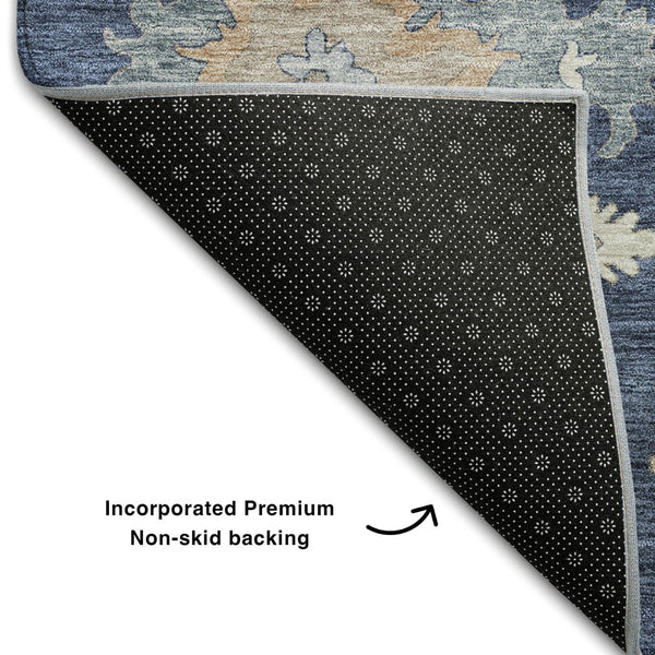 HomeRoots 5' Navy Blue Floral Area Rug with Copper Accents - Washable, UV Protected, Stain Resistant & Durable 688494