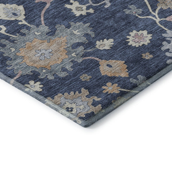 HomeRoots 5' Navy Blue Floral Area Rug with Copper Accents - Washable, UV Protected, Stain Resistant & Durable 688494