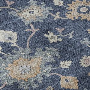 HomeRoots 5' Navy Blue Floral Area Rug with Copper Accents - Washable, UV Protected, Stain Resistant & Durable 688494