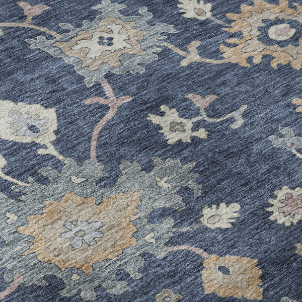 HomeRoots 5' Navy Blue Floral Area Rug with Copper Accents - Washable, UV Protected, Stain Resistant & Durable 688494