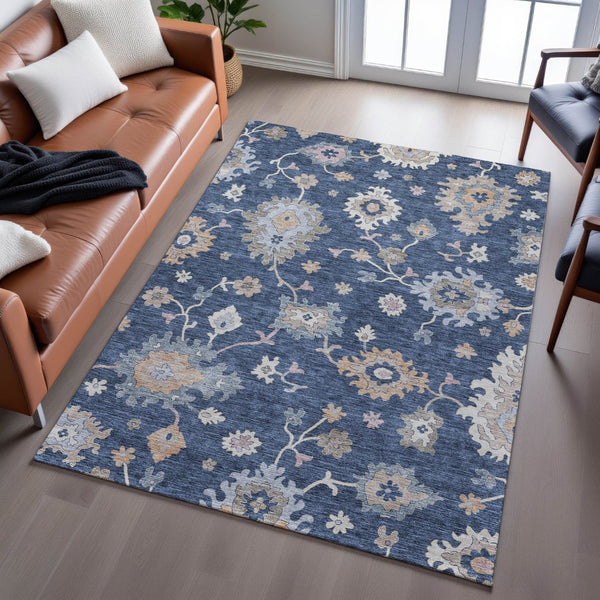 HomeRoots 5' Navy Blue Floral Area Rug with Copper Accents - Washable, UV Protected, Stain Resistant & Durable 688494