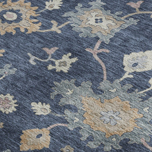 HomeRoots 5' Navy Blue Floral Area Rug with Copper Accents - Washable, UV Protected, Stain Resistant & Durable 688494