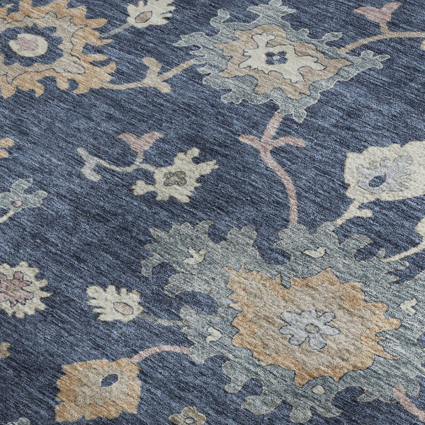 HomeRoots 5' Navy Blue Floral Area Rug with Copper Accents - Washable, UV Protected, Stain Resistant & Durable 688494