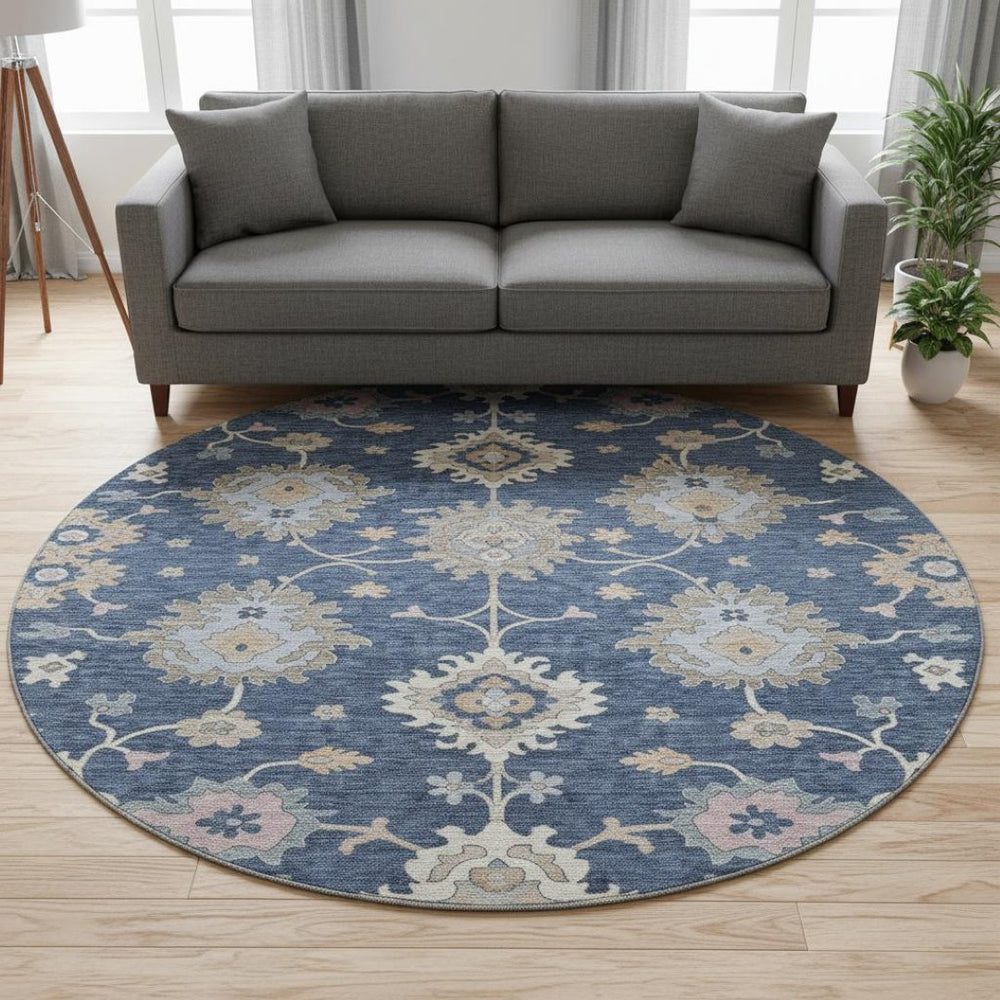 HomeRoots 8' Navy Blue Floral Area Rug - Durable, Washable, UV-Protected Design for Homes with Kids & Pets 688495