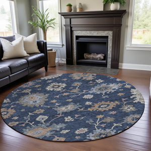 HomeRoots 8' Navy Blue Floral Area Rug - Durable, Washable, UV-Protected Design for Homes with Kids & Pets 688495