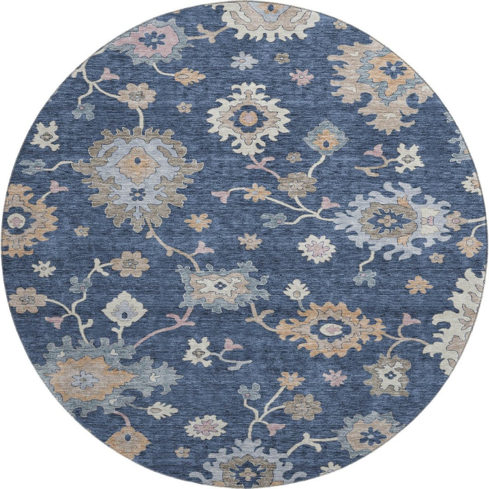 HomeRoots 8' Navy Blue Floral Area Rug - Durable, Washable, UV-Protected Design for Homes with Kids & Pets 688495