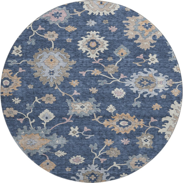 HomeRoots 8' Navy Blue Floral Area Rug - Durable, Washable, UV-Protected Design for Homes with Kids & Pets 688495