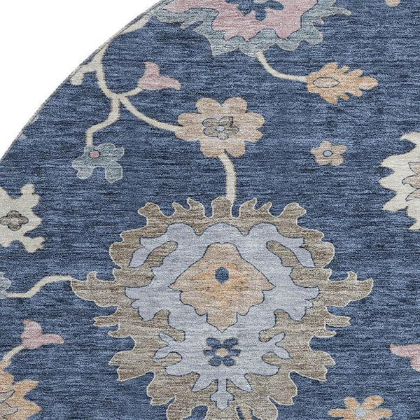 HomeRoots 8' Navy Blue Floral Area Rug - Durable, Washable, UV-Protected Design for Homes with Kids & Pets 688495