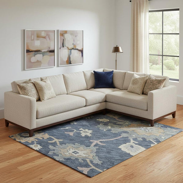 HomeRoots 9' X 12' Navy Blue Floral Area Rug with Copper Accents – Durable, Washable, UV-Resistant Design 688497
