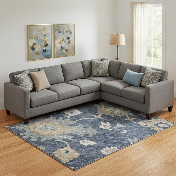 HomeRoots 10' Navy Blue Copper Gray Floral Area Rug - Washable, Stain Resistant, UV Protected for High Traffic Areas 688498