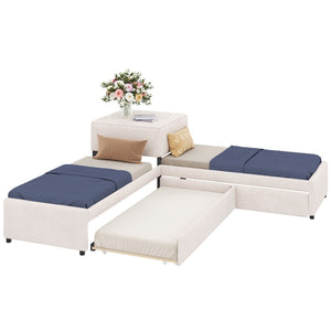 English Elm L-shaped Twin Platform Bed Set with Trundle Drawers and Center Table in Beige Linen GX000531AAA