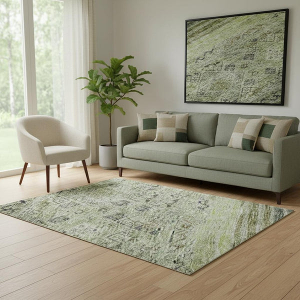 HomeRoots 5' X 8' Washable Abstract Geometric Area Rug in Artichoke Green, Blue & Beige with UV Protection 688500