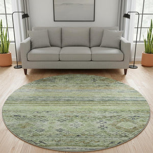 HomeRoots 8' Washable Round Rug in Artichoke Green, Blue & Beige - Stylish, Durable & UV-Protected Design 688501