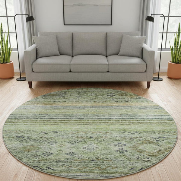 HomeRoots 8' Washable Round Rug in Artichoke Green, Blue & Beige - Stylish, Durable & UV-Protected Design 688501