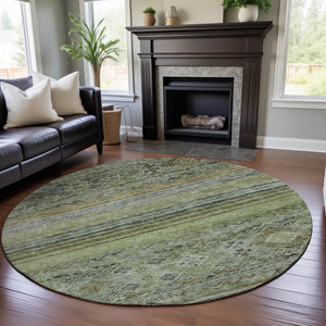 HomeRoots 8' Washable Round Rug in Artichoke Green, Blue & Beige - Stylish, Durable & UV-Protected Design 688501