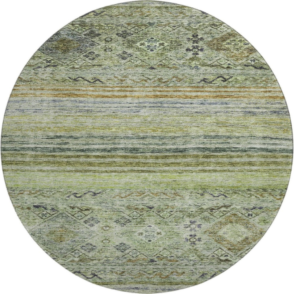 HomeRoots 8' Washable Round Rug in Artichoke Green, Blue & Beige - Stylish, Durable & UV-Protected Design 688501