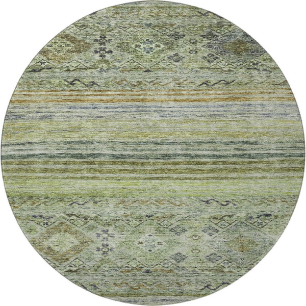HomeRoots 8' Washable Round Rug in Artichoke Green, Blue & Beige - Stylish, Durable & UV-Protected Design 688501