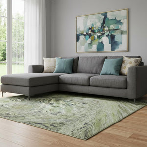 HomeRoots 8' X 10' Washable Abstract Geometric Area Rug in Artichoke Green, Blue & Beige - UV & Stain Resistant! 688502