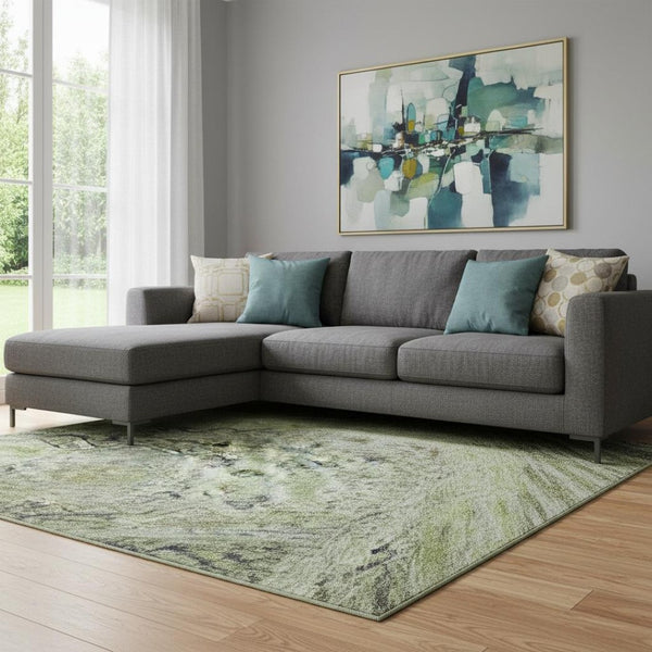 HomeRoots 8' X 10' Washable Abstract Geometric Area Rug in Artichoke Green, Blue & Beige - UV & Stain Resistant! 688502