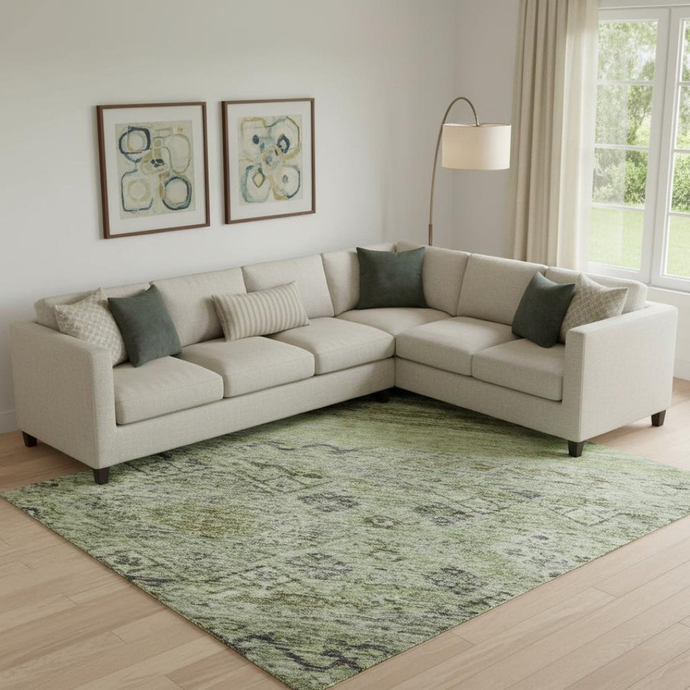 HomeRoots 9' X 12' Artichoke Green, Blue & Beige Abstract Geometric Area Rug - Washable, UV Protected & Durable 688503