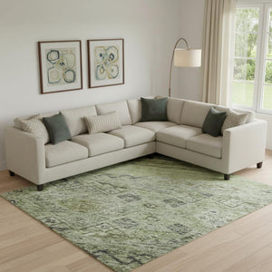 HomeRoots 9' X 12' Artichoke Green, Blue & Beige Abstract Geometric Area Rug - Washable, UV Protected & Durable 688503