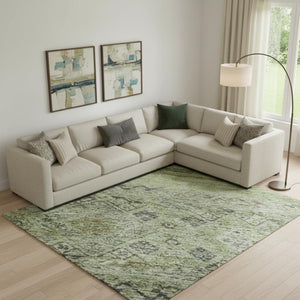 HomeRoots 10' X 14' Artichoke Green, Blue & Beige Abstract Geometric Washable Area Rug with UV Protection 688504